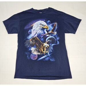 DOM T-Shirt Mens Medium. Bald Eagle Nature Space Moon Planets‎ Navy Blue Tee.